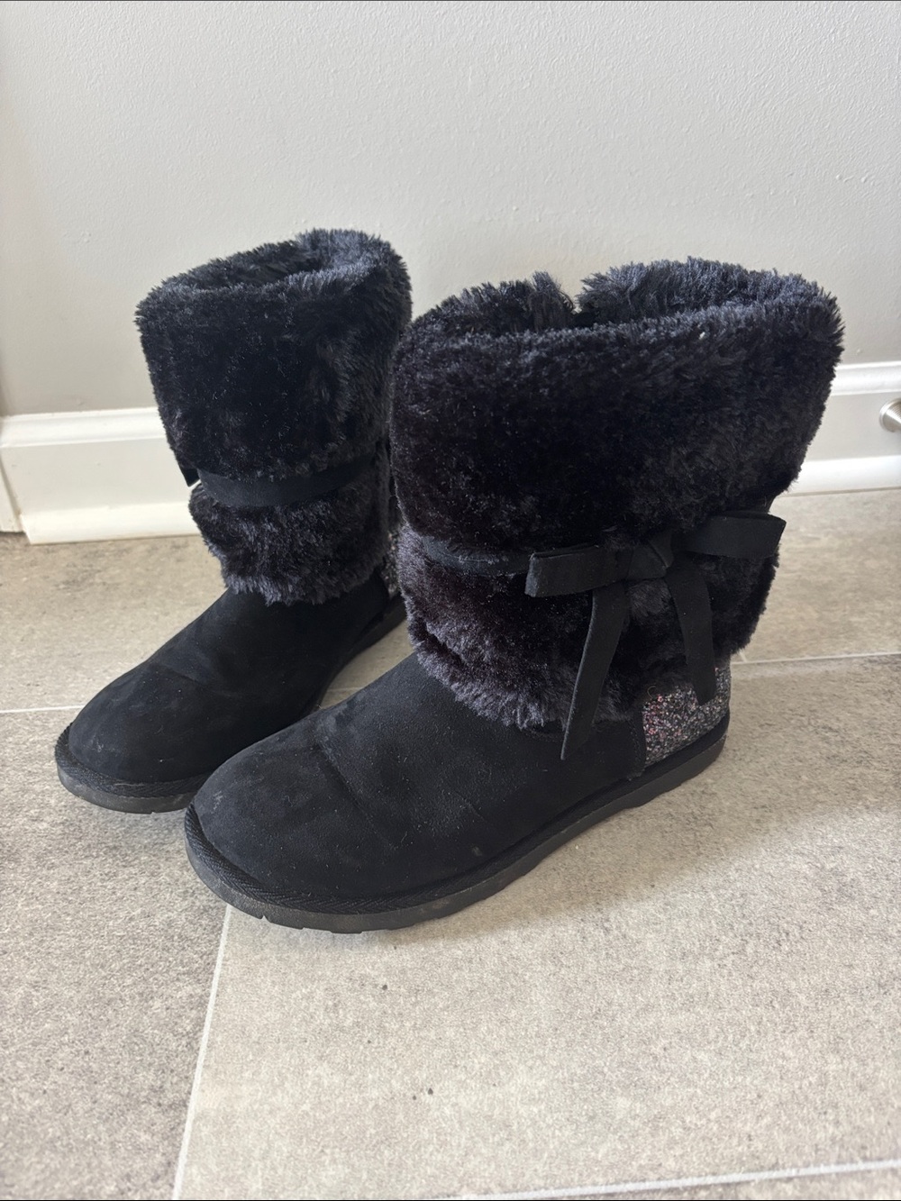 Falls Creek Black Faux-Fur Mid-Calf Winter Boots with Bow